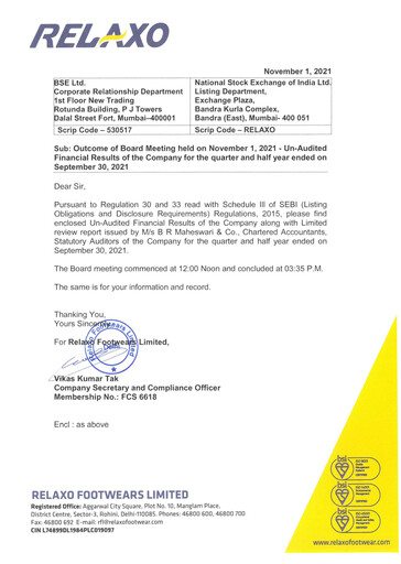 Thumbnail Relaxo Footwear Quarterly Report 2021-q2