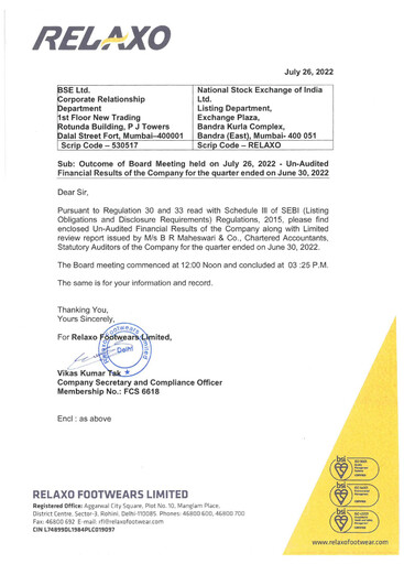 Thumbnail Relaxo Footwear Quarterly Report 2022-q1
