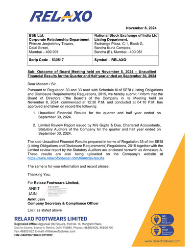 Thumbnail Relaxo Footwear Quarterly Report 2024-q2