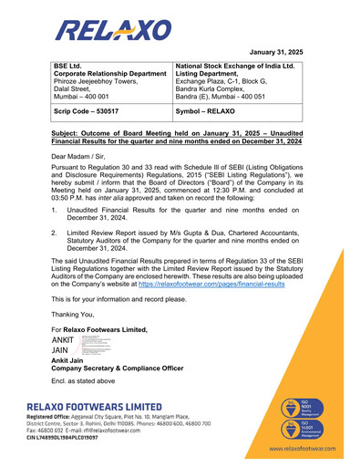 Thumbnail Relaxo Footwear Quarterly Report 2024-q3