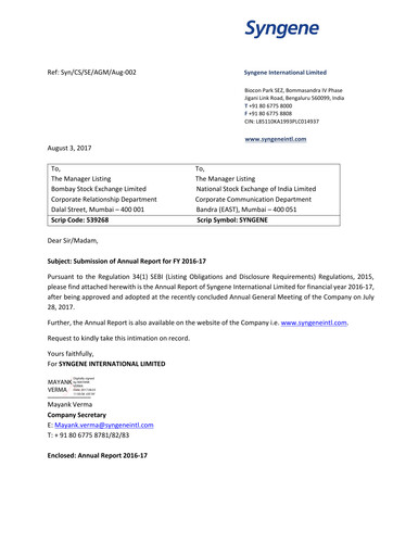 Miniature Syngene International Rapport annuel 2016-2017