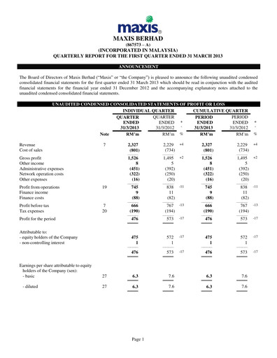 Thumbnail Maxis Berhad Quarterly Report 2013-q1