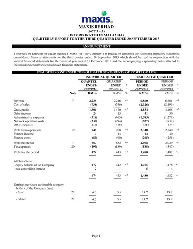 Thumbnail Maxis Berhad Quarterly Report 2013-q3