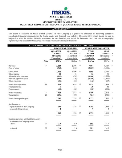 Thumbnail Maxis Berhad Quarterly Report 2013-q4
