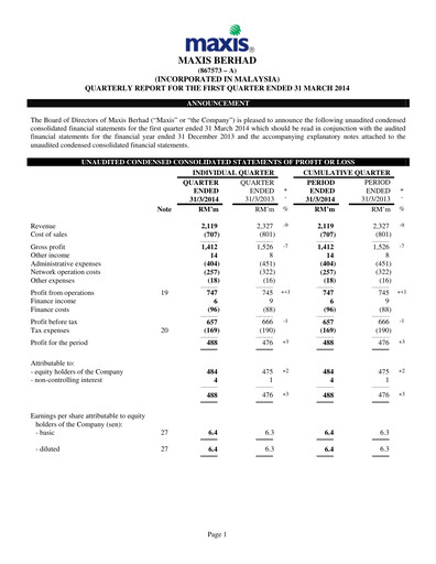Thumbnail Maxis Berhad Quarterly Report 2014-q1