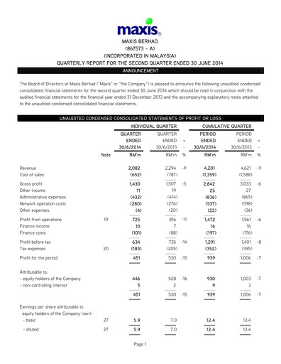 Thumbnail Maxis Berhad Quarterly Report 2014-q2