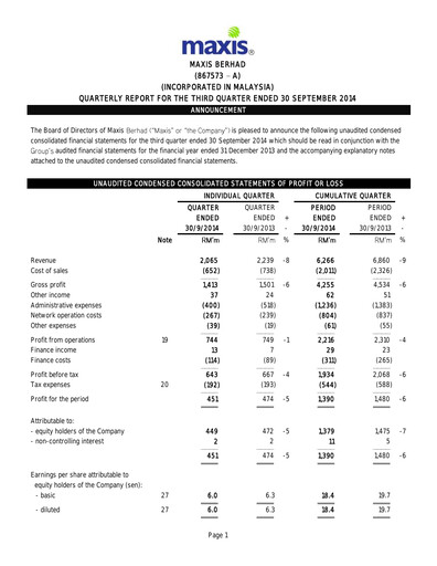 Thumbnail Maxis Berhad Quarterly Report 2014-q3