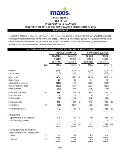 Thumbnail Maxis Berhad Quarterly Report 2015-q1