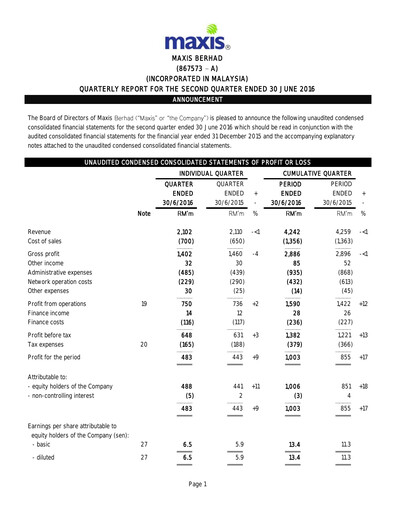 Thumbnail Maxis Berhad Quarterly Report 2016-q2