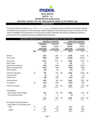 Thumbnail Maxis Berhad Quarterly Report 2016-q3