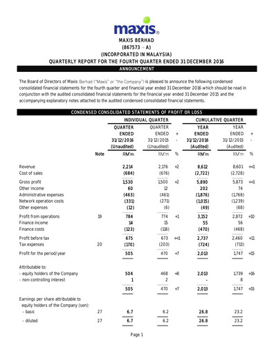 Thumbnail Maxis Berhad Quarterly Report 2016-q4