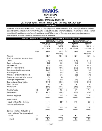 Thumbnail Maxis Berhad Quarterly Report 2017-q1