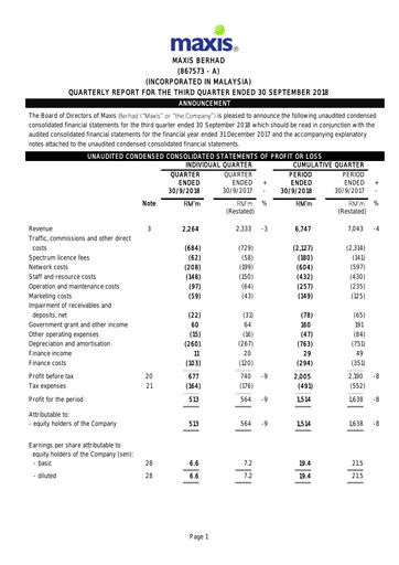 Thumbnail Maxis Berhad Quarterly Report 2018-q3