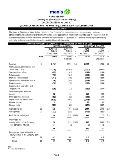 Thumbnail Maxis Berhad Quarterly Report 2023-q4