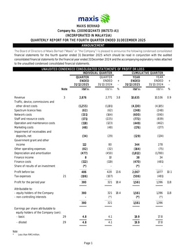 Thumbnail Maxis Berhad Quarterly Report 2025-q4