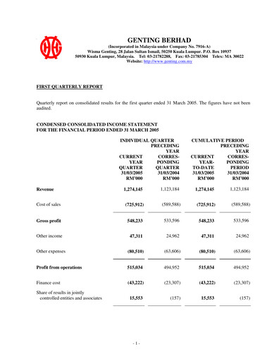 Thumbnail Genting Berhad Quarterly Report 2005-q1
