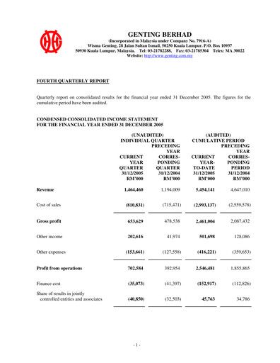Thumbnail Genting Berhad Quarterly Report 2005-q4