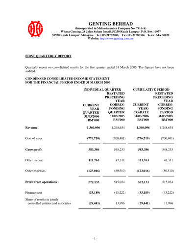 Thumbnail Genting Berhad Quarterly Report 2006-q1