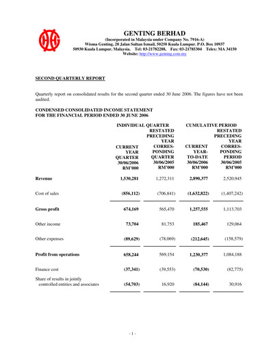 Thumbnail Genting Berhad Quarterly Report 2006-q2
