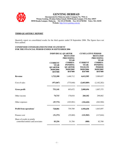 Thumbnail Genting Berhad Quarterly Report 2006-q3
