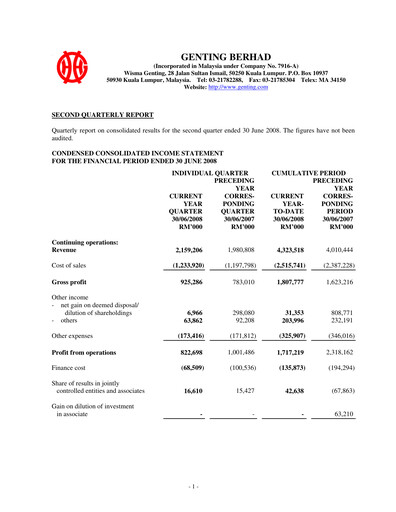 Thumbnail Genting Berhad Quarterly Report 2008-q2