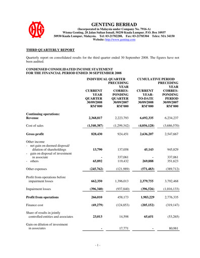 Thumbnail Genting Berhad Quarterly Report 2008-q3