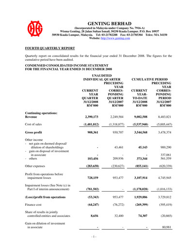 Thumbnail Genting Berhad Quarterly Report 2008-q4