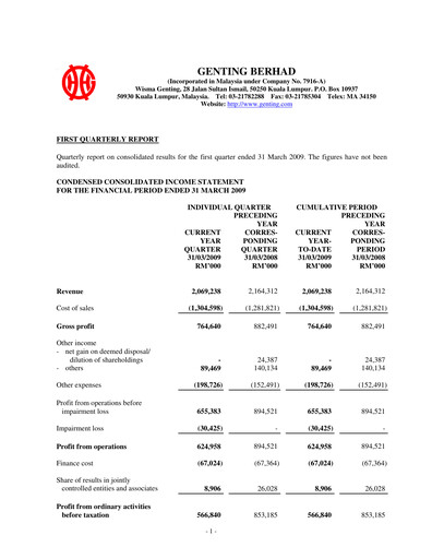 Thumbnail Genting Berhad Quarterly Report 2009-q1