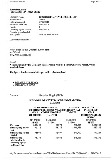 Thumbnail Genting Berhad Quarterly Report 2009-q4