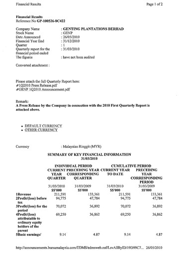 Thumbnail Genting Berhad Quarterly Report 2010-q1