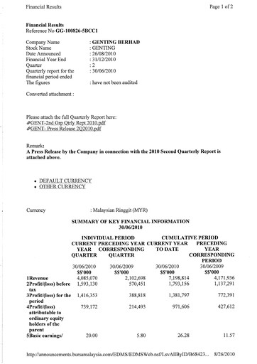 Thumbnail Genting Berhad Quarterly Report 2010-q2