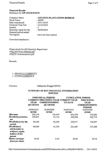 Thumbnail Genting Berhad Quarterly Report 2010-q3