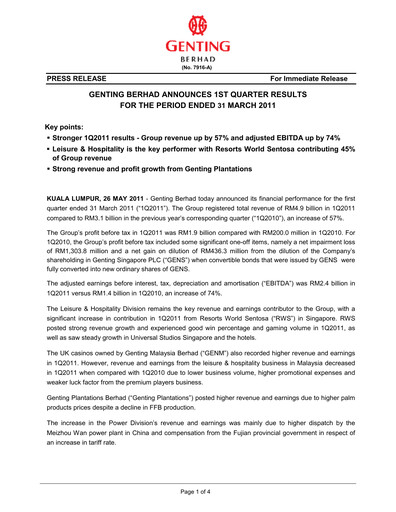 Thumbnail Genting Berhad Quarterly Report 2011-q1