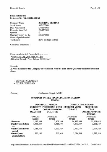 Thumbnail Genting Berhad Quarterly Report 2011-q3