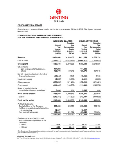 Thumbnail Genting Berhad Quarterly Report 2012-q1