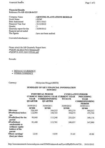 Thumbnail Genting Berhad Quarterly Report 2012-q3