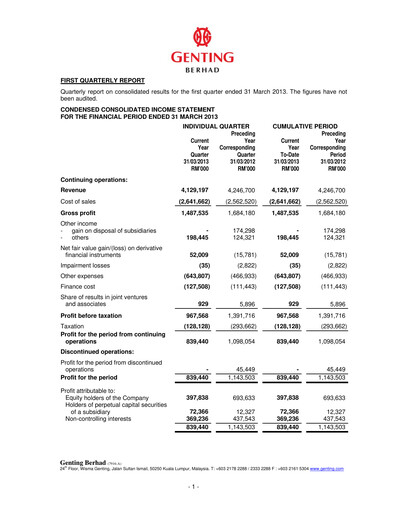 Thumbnail Genting Berhad Quarterly Report 2013-q1