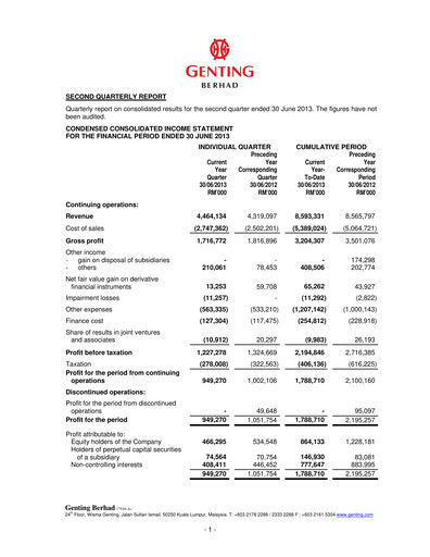 Thumbnail Genting Berhad Quarterly Report 2013-q2