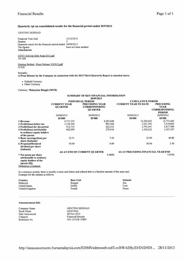 Thumbnail Genting Berhad Quarterly Report 2013-q3