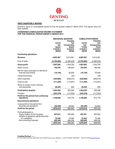 Thumbnail Genting Berhad Quarterly Report 2014-q1