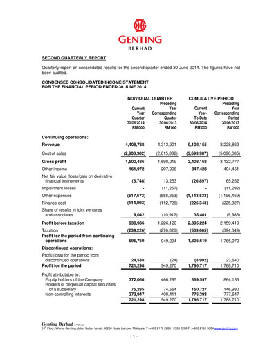 Thumbnail Genting Berhad Quarterly Report 2014-q2