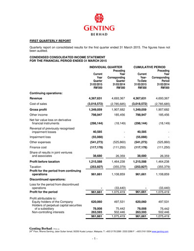 Thumbnail Genting Berhad Quarterly Report 2015-q1