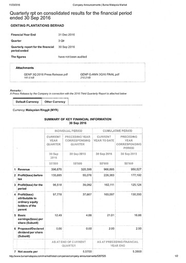 Thumbnail Genting Berhad Quarterly Report 2016-q3