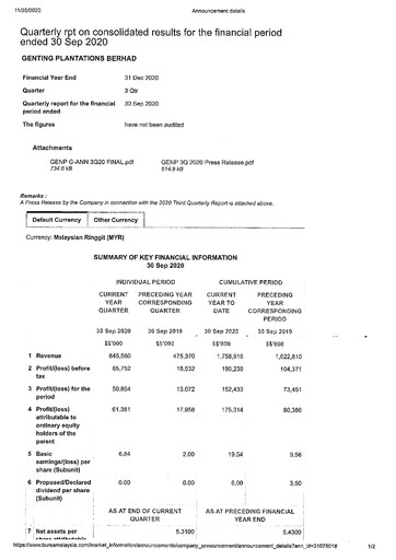 Thumbnail Genting Berhad Quarterly Report 2020-q3