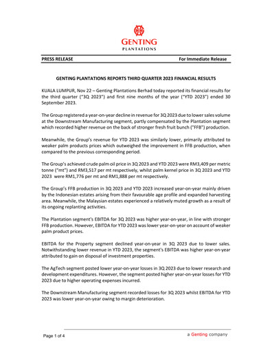 Thumbnail Genting Berhad Quarterly Report 2023-q3