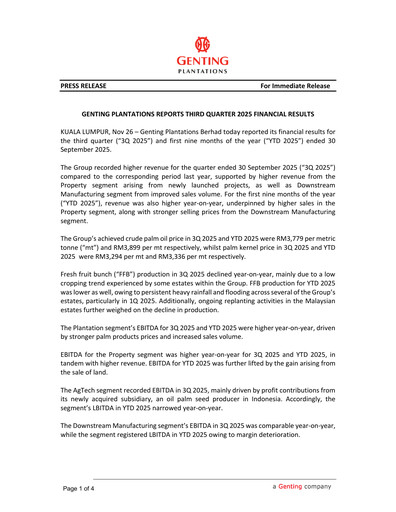 Thumbnail Genting Berhad Quarterly Report 2025-q3