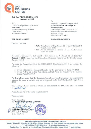 Thumbnail Aarti Industries Quarterly Report 2018-q1