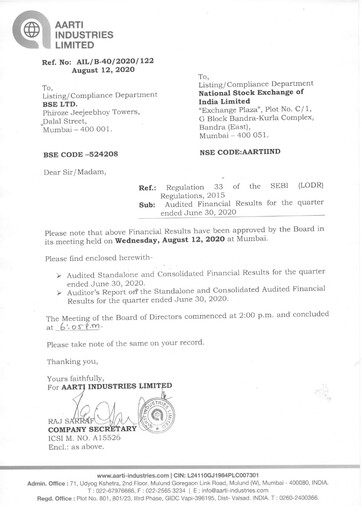 Thumbnail Aarti Industries Quarterly Report 2020-q1