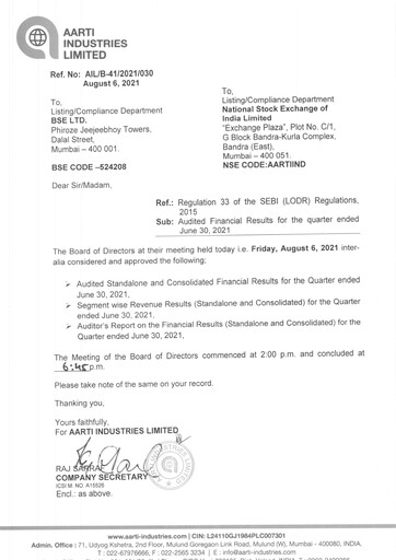 Thumbnail Aarti Industries Quarterly Report 2021-q1