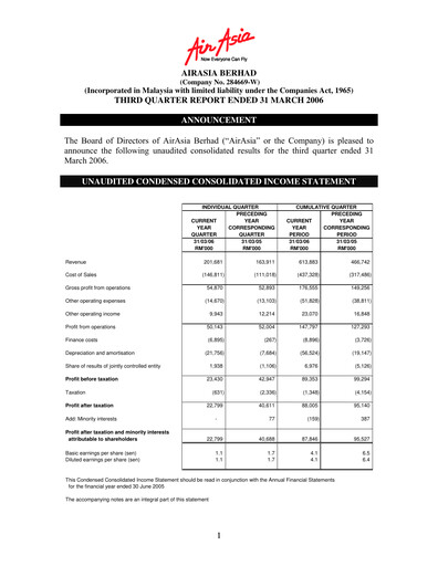 Thumbnail Capital A (Air Asia) Quarterly Report 2006-q3